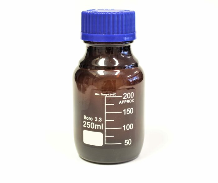 Reagent Bottle with Blue Crew Cap, Amber, Borosilicate Glass, 250 ml