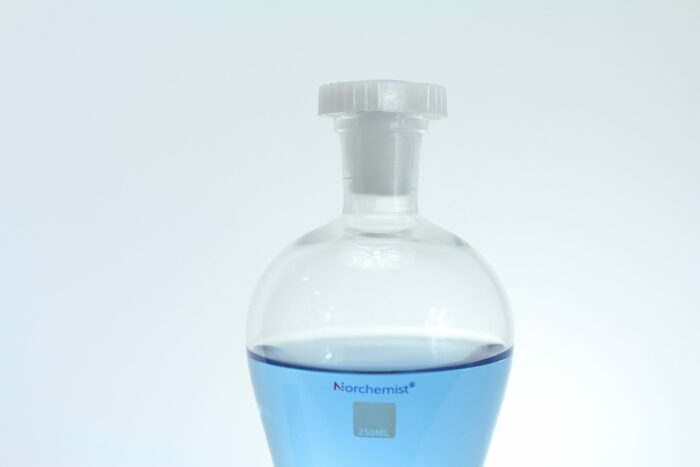 Separatory Funnel, Squibb Style, PTFE Stopcock, Plastic Stopper, Borosilicate Glass, 250 ml
