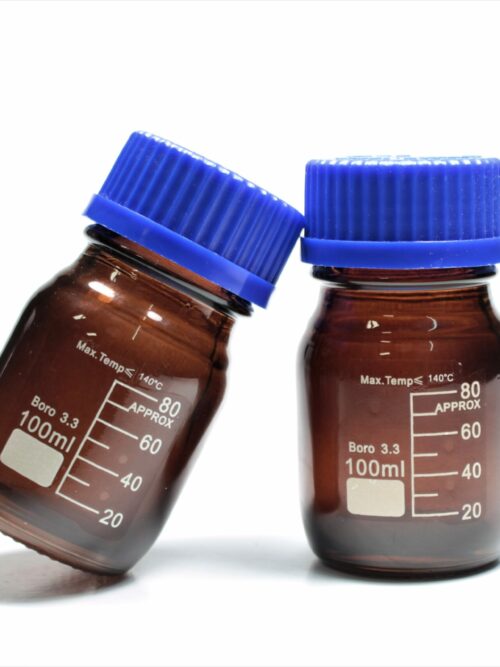 Reagent Bottle with Blue Crew Cap, Amber, Borosilicate Glass, 100 ml