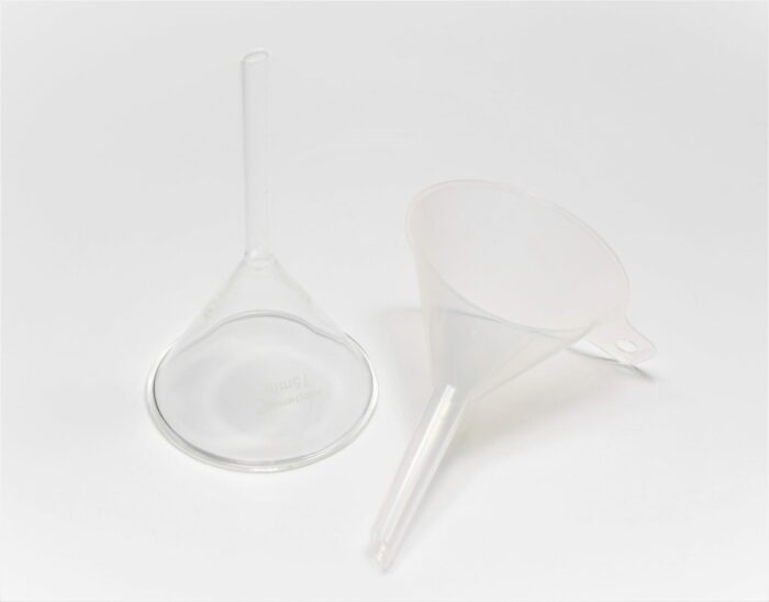 Lab Funnel Set, Including one Borosilicate Glass and one Plastic Funnel, 75 mm, Set of 2